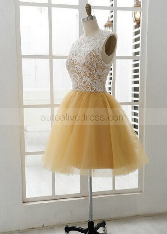 Ivory Lace Yellow Tulle Knee Short Bridesmaid Dress